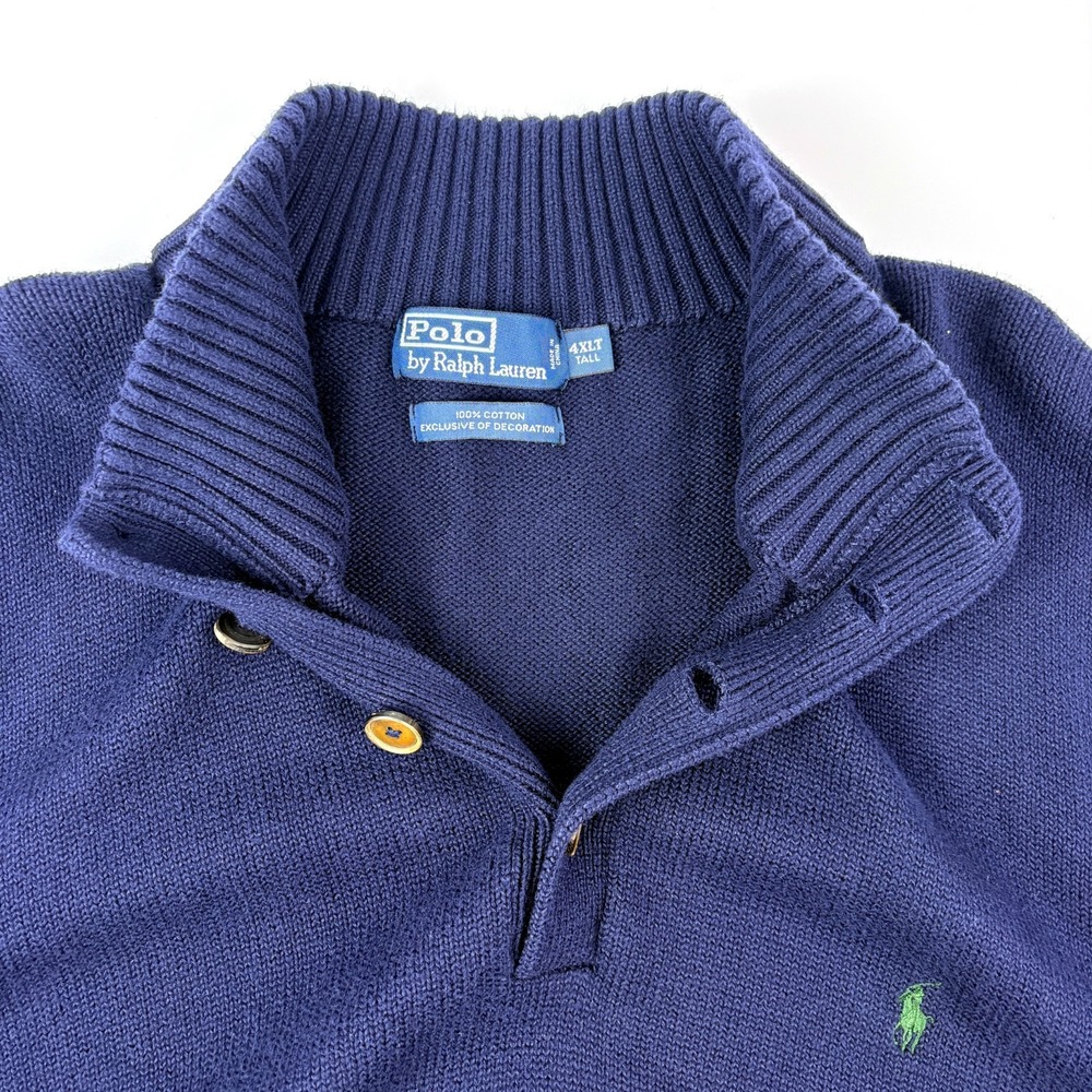 NWOT Polo Ralph Lauren‎ Sweater Mens Sz 4XLT Navy Mock Neck 4 Button Green Pony